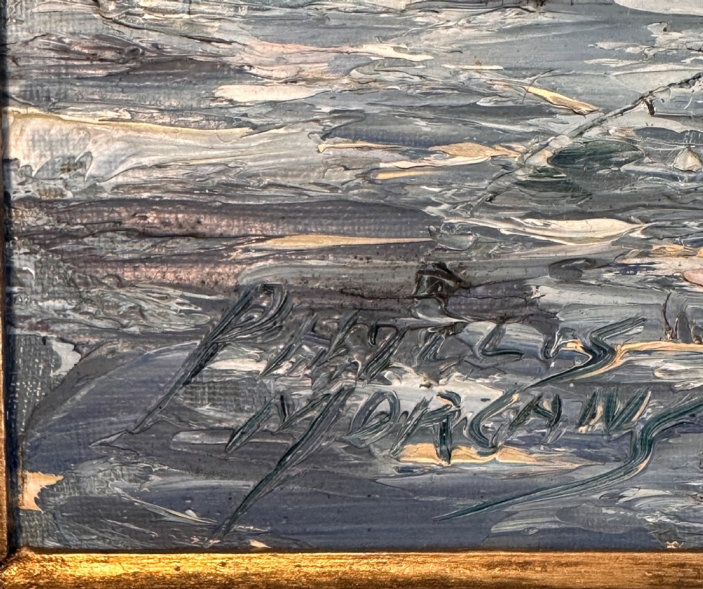 An impressionist oil painting on canvas depicting a figure fishing by a river, enclosed within a moulded gold frame. View VI