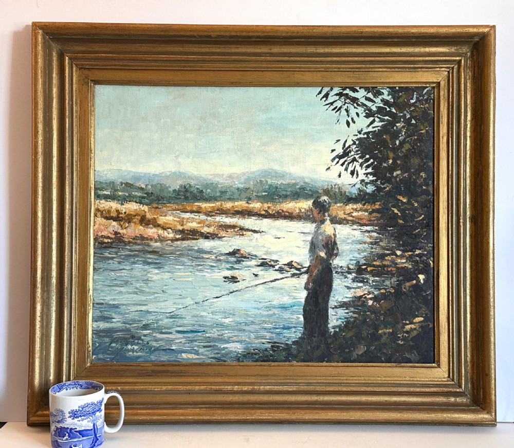 An impressionist oil painting on canvas depicting a figure fishing by a river, enclosed within a moulded gold frame. View VIII