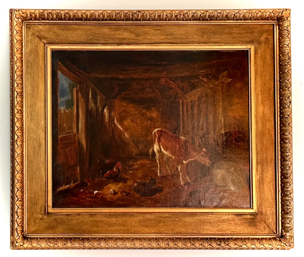 An oil painting on canvas depicting a young calf standing beside a milk container inside a timber barn with chickens on the floor, framed in a wide gilded wood frame. View II
