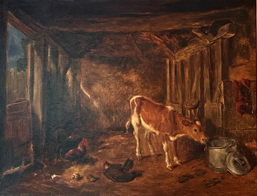An oil painting on canvas depicting a young calf standing beside a milk container inside a timber barn with chickens on the floor, framed in a wide gilded wood frame. View III