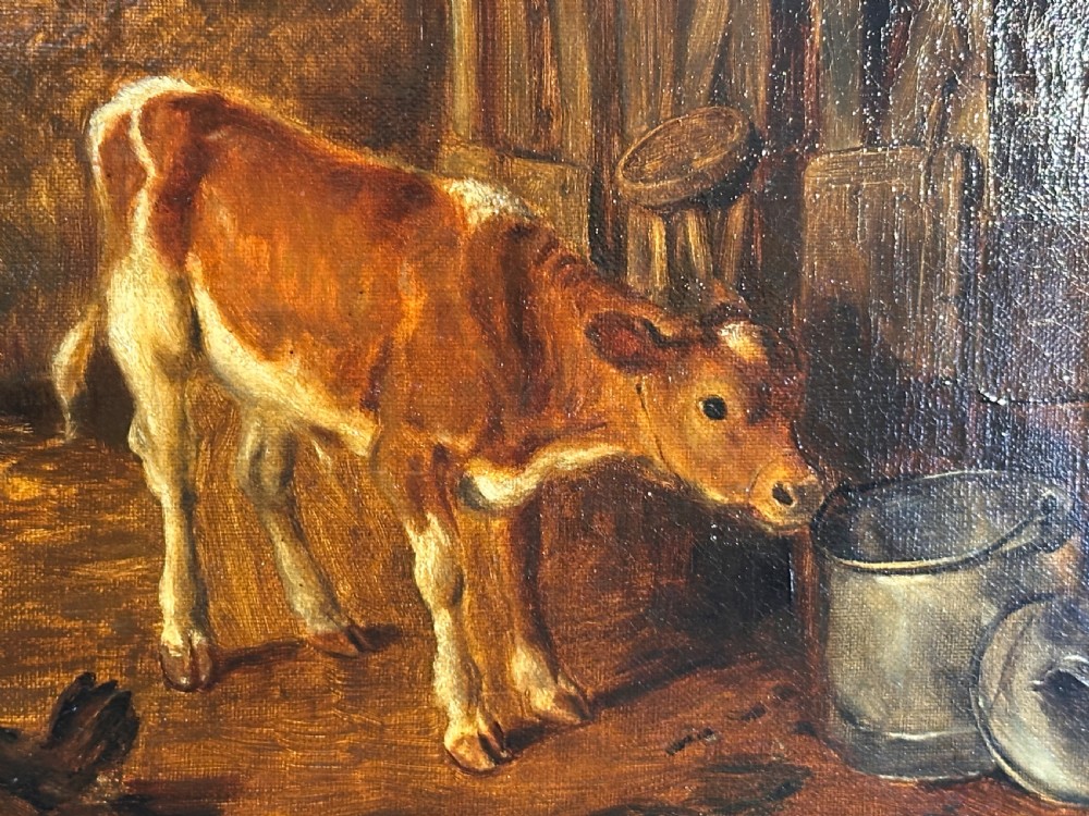 An oil painting on canvas depicting a young calf standing beside a milk container inside a timber barn with chickens on the floor, framed in a wide gilded wood frame. View IV