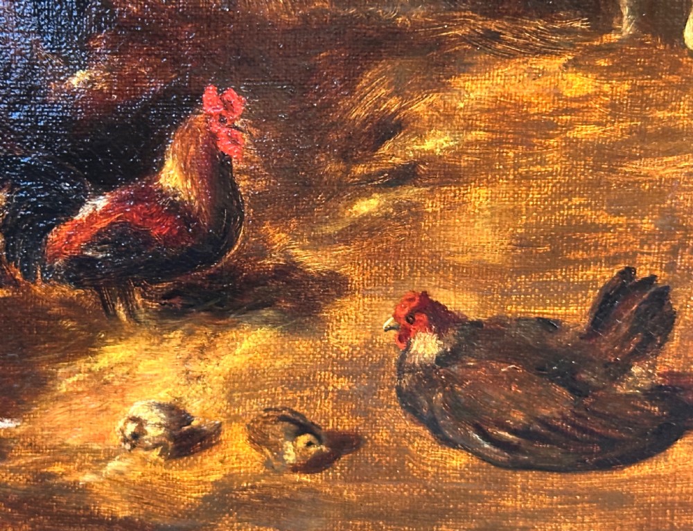 An oil painting on canvas depicting a young calf standing beside a milk container inside a timber barn with chickens on the floor, framed in a wide gilded wood frame. View V