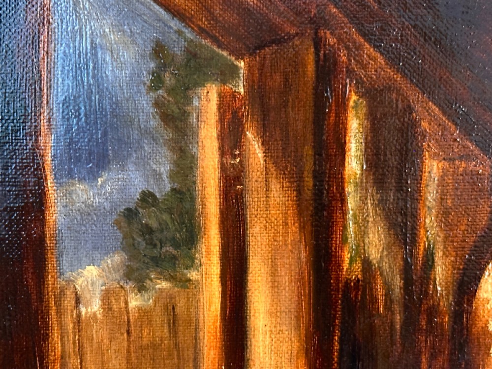 An oil painting on canvas depicting a young calf standing beside a milk container inside a timber barn with chickens on the floor, framed in a wide gilded wood frame. View VI