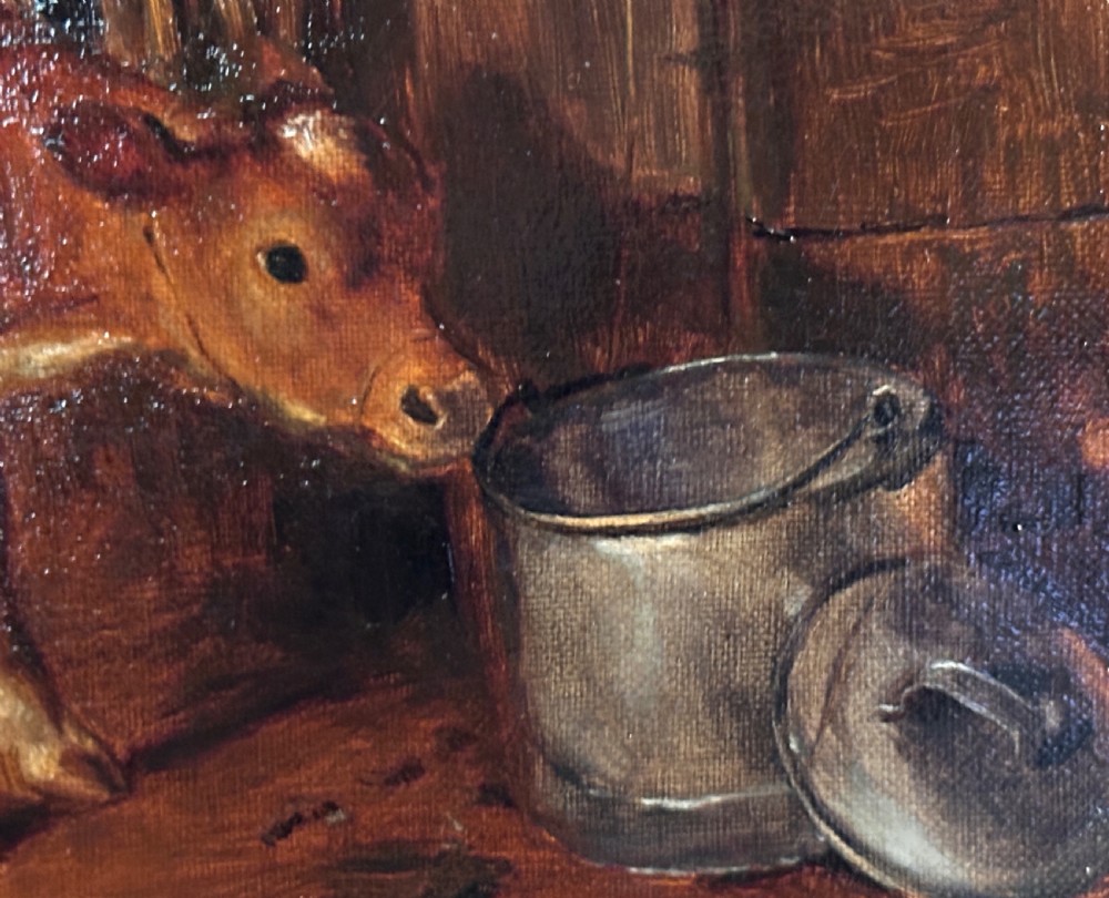 An oil painting on canvas depicting a young calf standing beside a milk container inside a timber barn with chickens on the floor, framed in a wide gilded wood frame. View VII