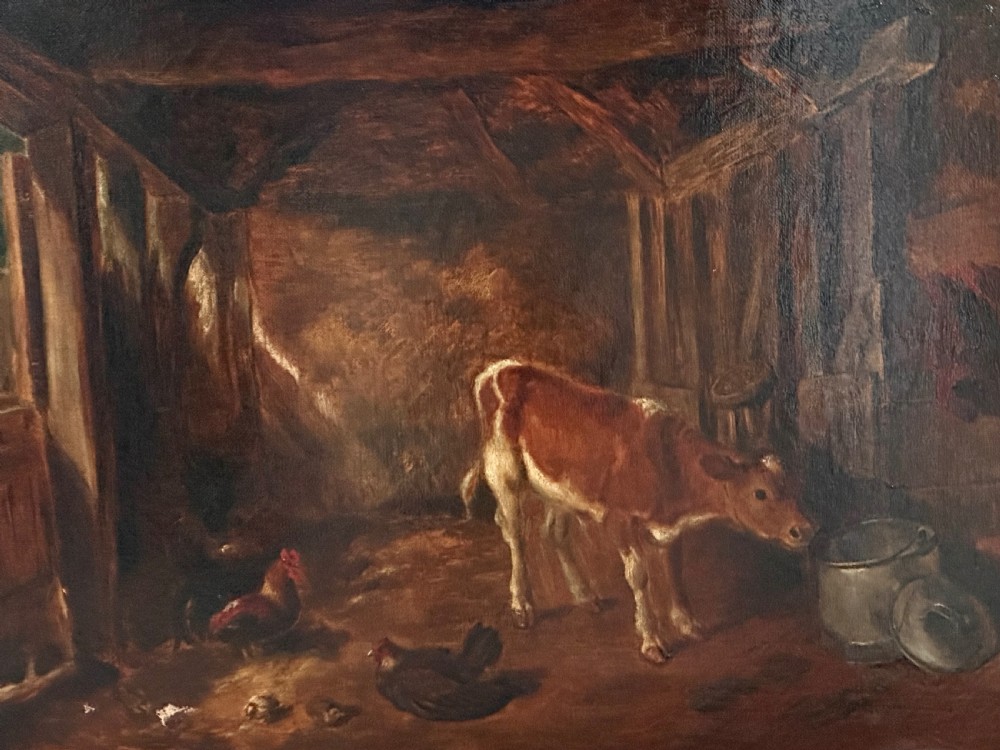 An oil painting on canvas depicting a young calf standing beside a milk container inside a timber barn with chickens on the floor, framed in a wide gilded wood frame. View VIII