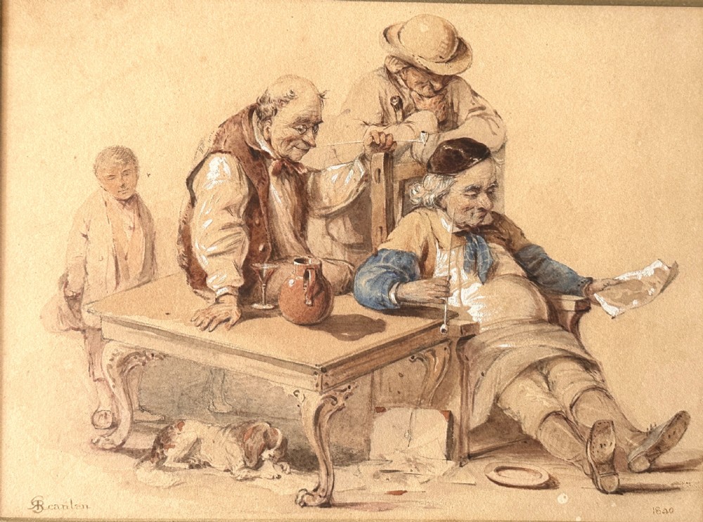 A pair of 19th-century framed watercolour genre paintings depicting tavern scenes in carved gilded frames. View III