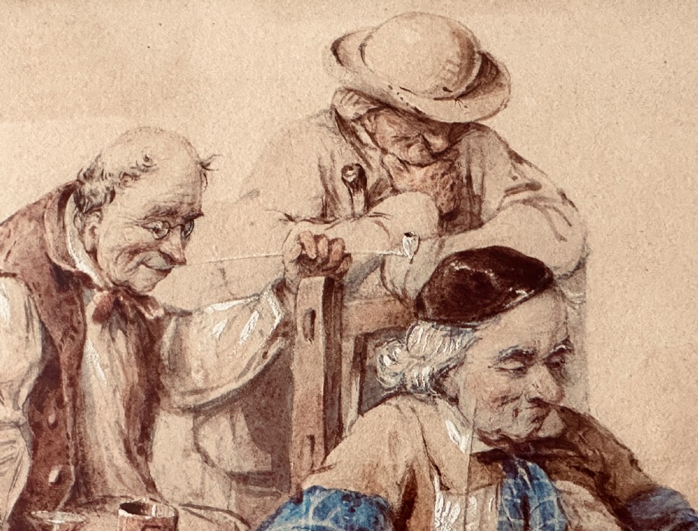 A pair of 19th-century framed watercolour genre paintings depicting tavern scenes in carved gilded frames. View IV