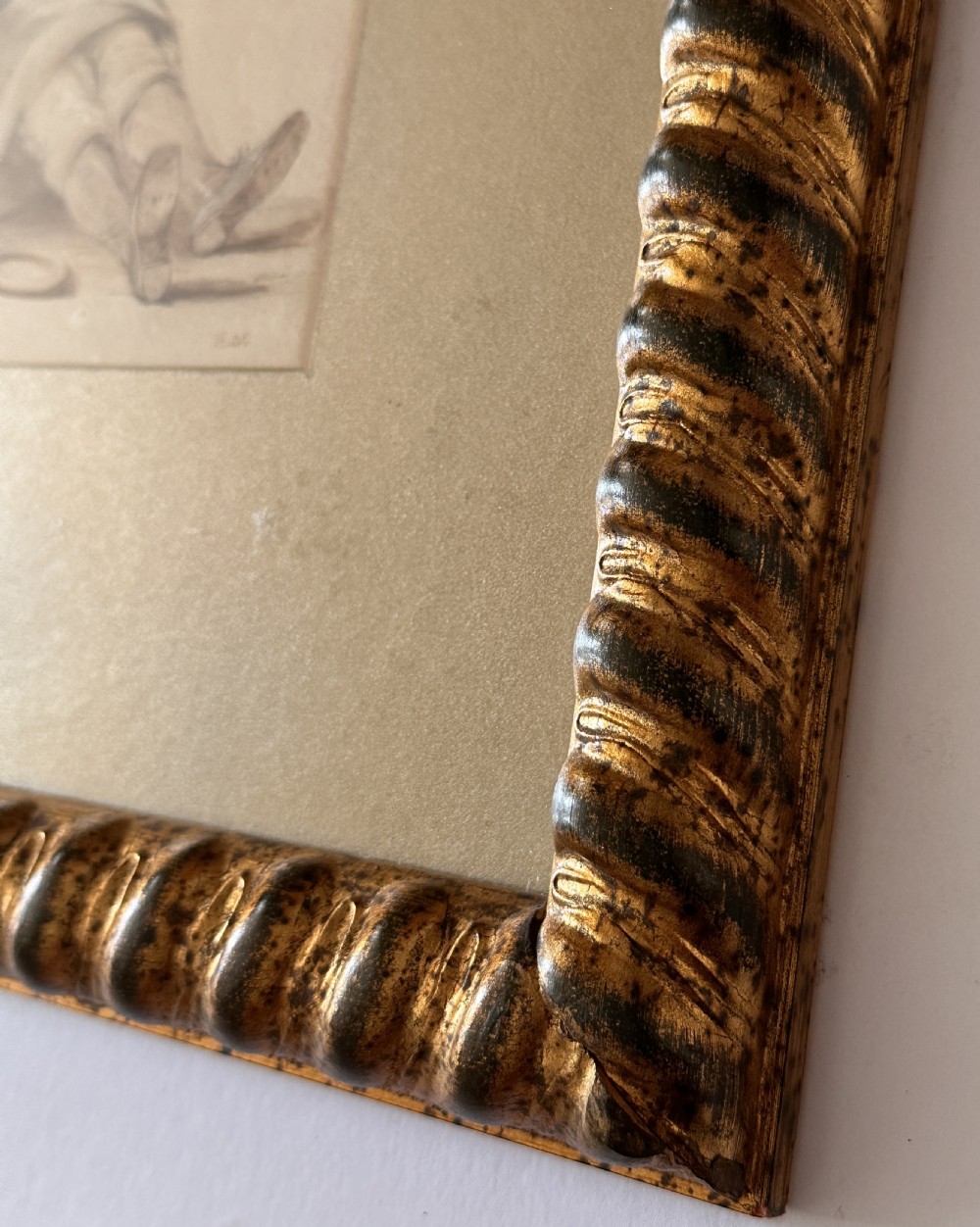 A pair of 19th-century framed watercolour genre paintings depicting tavern scenes in carved gilded frames. View VI