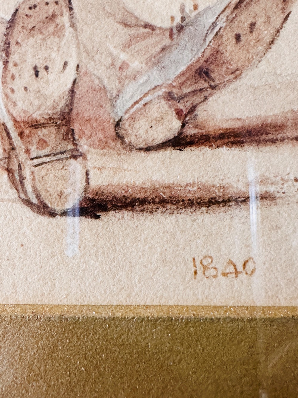 A pair of 19th-century framed watercolour genre paintings depicting tavern scenes in carved gilded frames. View VII