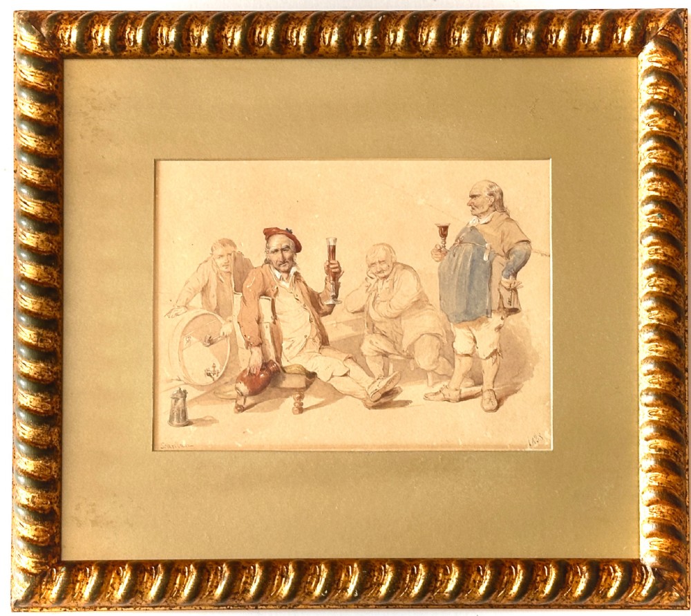 A pair of 19th-century framed watercolour genre paintings depicting tavern scenes in carved gilded frames. View VIII