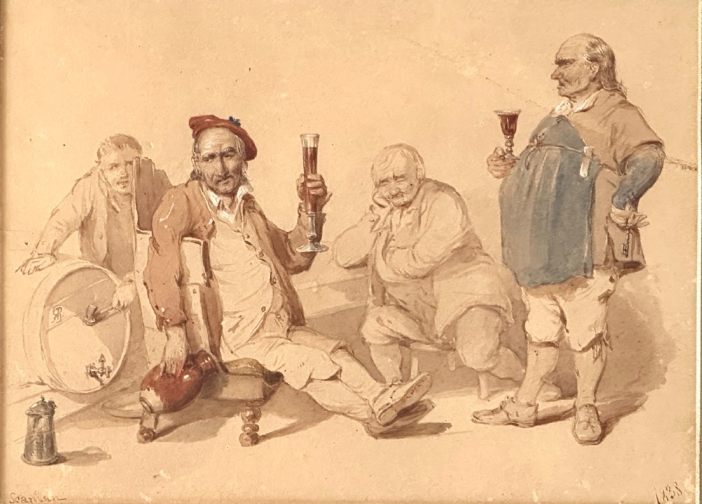 A pair of 19th-century framed watercolour genre paintings depicting tavern scenes in carved gilded frames. View IX