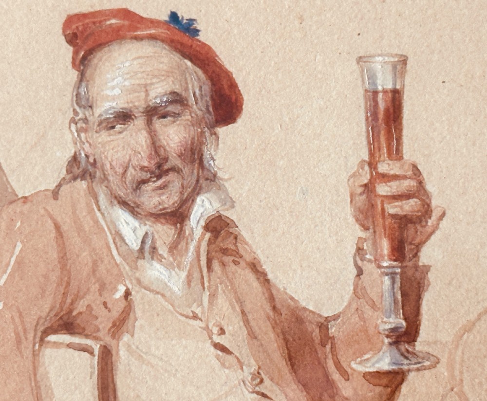 A pair of 19th-century framed watercolour genre paintings depicting tavern scenes in carved gilded frames. View X