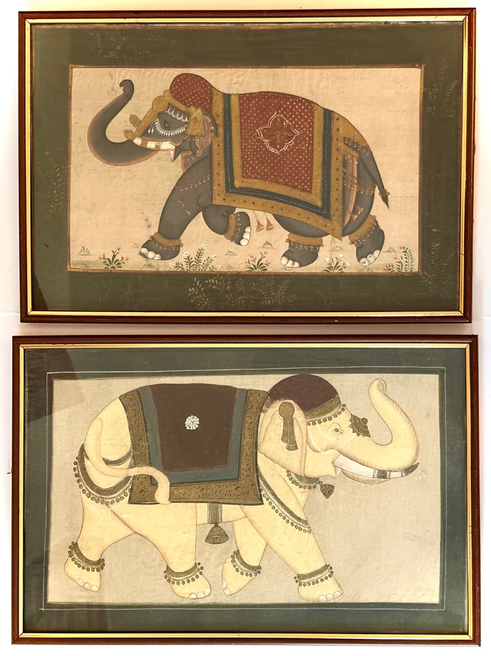 Pair of Oils on Silk of Elephants View II