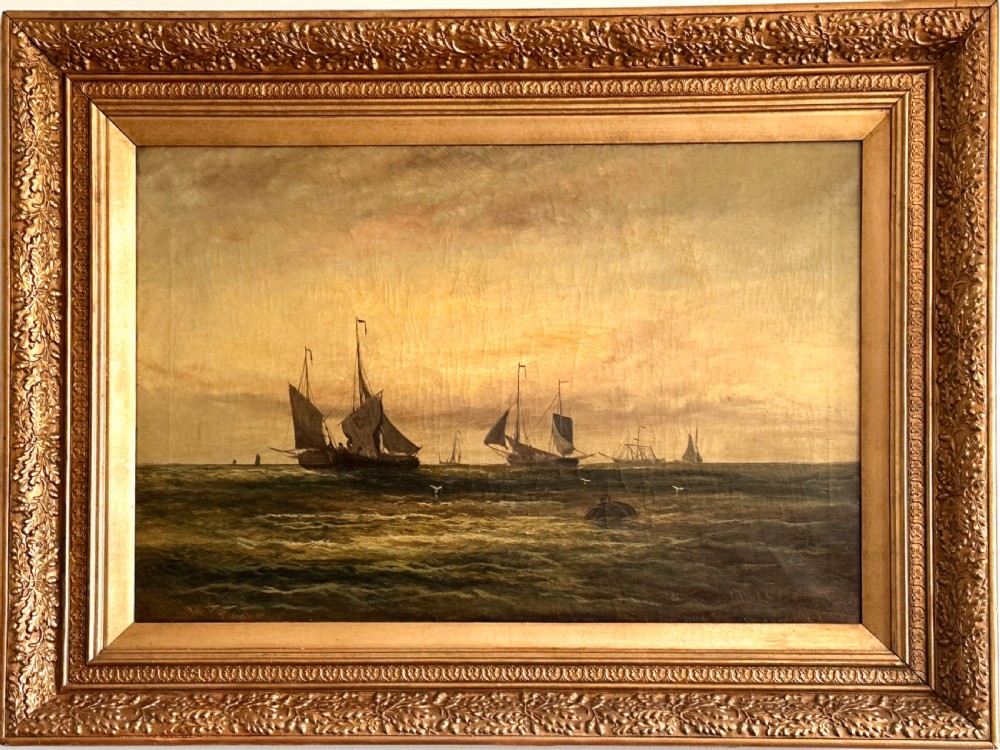 Oil on Canvas of a Maritime Theme at Sunset by William Rogers.