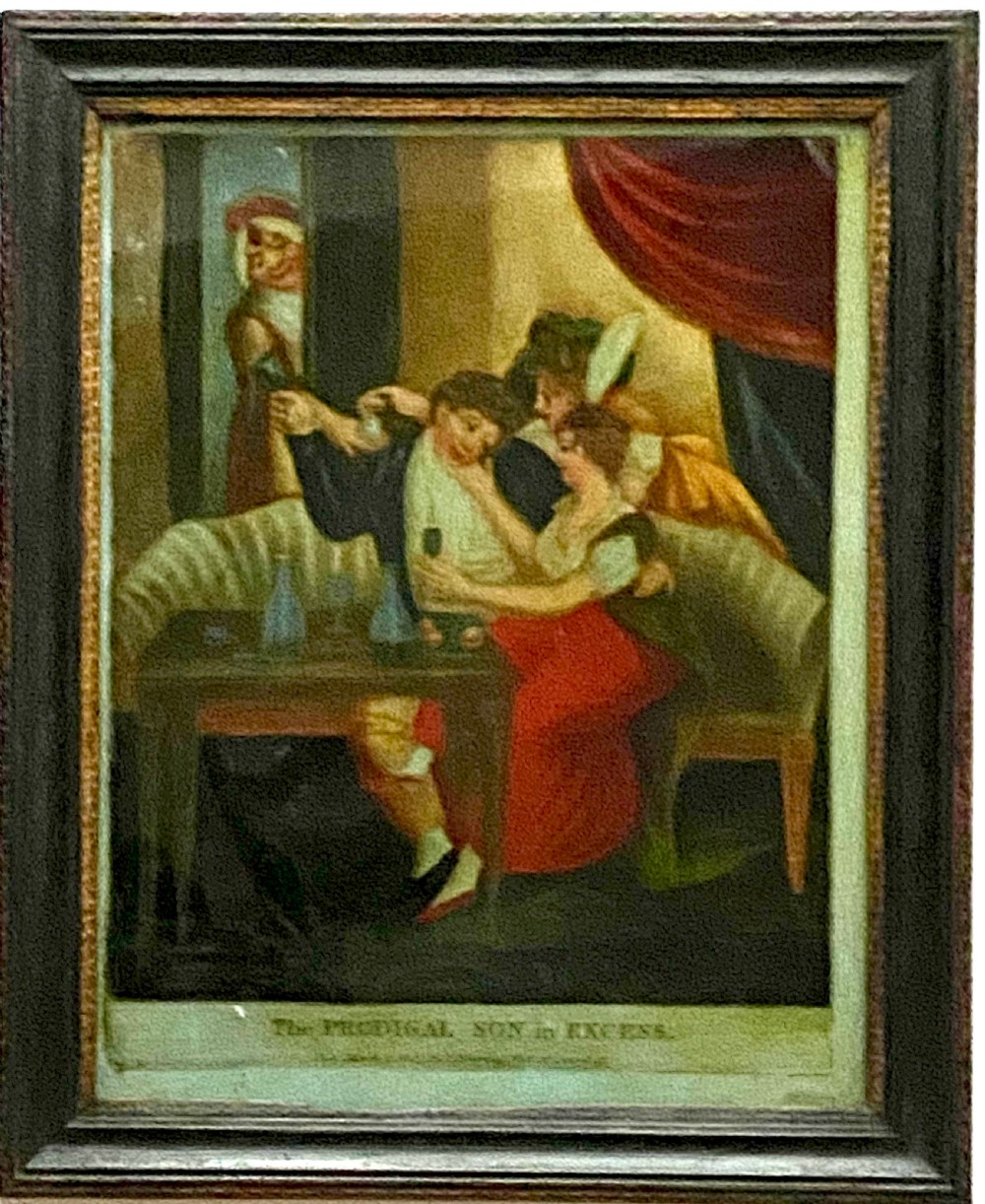 A pair of framed Georgian reverse glass paintings depicting biblical scenes inside dark ebonised wooden frames. View IX