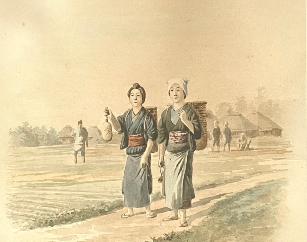 A pair of framed Japanese watercolour paintings depicting figures in traditional clothing set within dark faux-bamboo wooden frames and pale blue mounts. View V