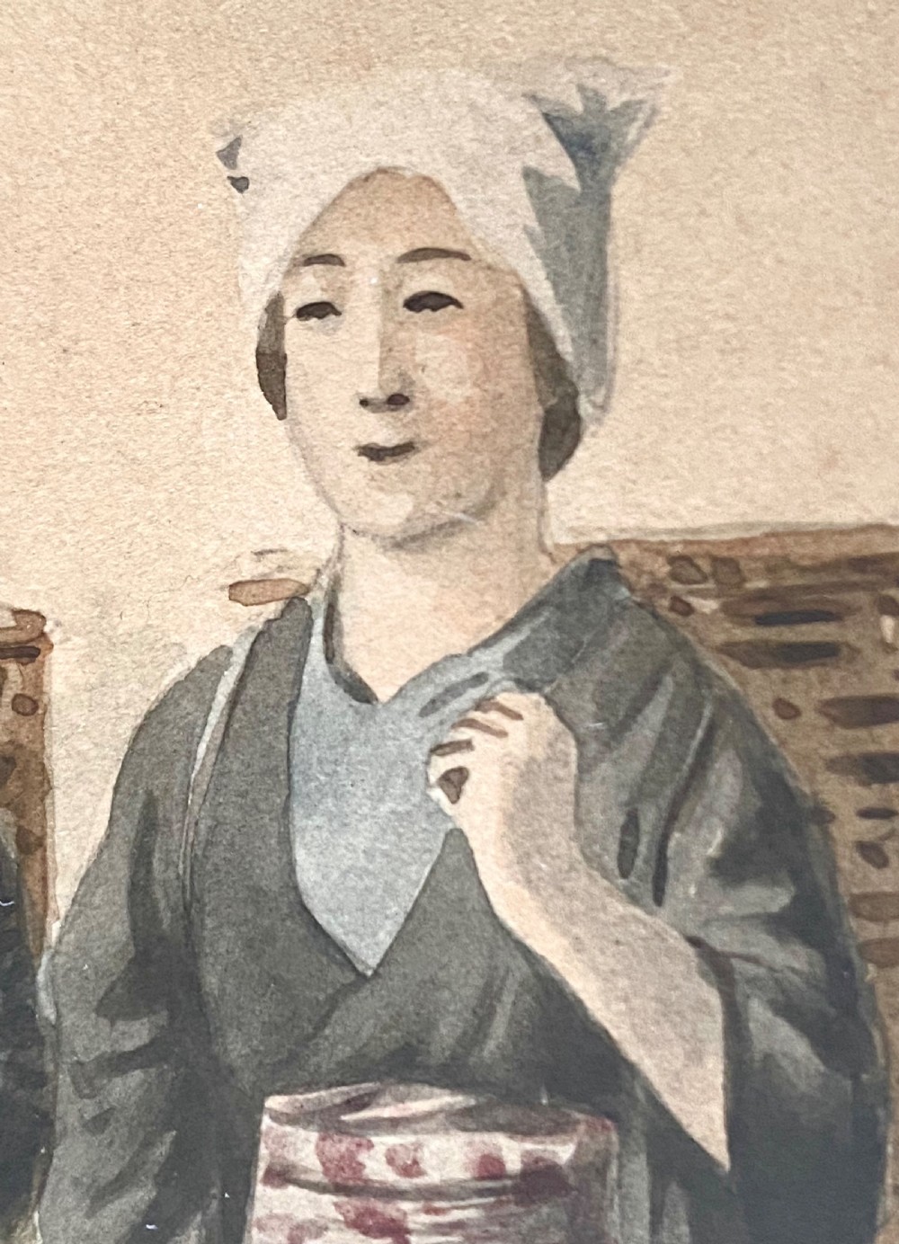 A pair of framed Japanese watercolour paintings depicting figures in traditional clothing set within dark faux-bamboo wooden frames and pale blue mounts. View VII