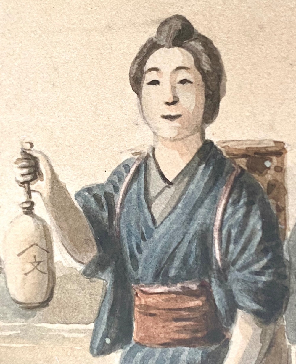 A pair of framed Japanese watercolour paintings depicting figures in traditional clothing set within dark faux-bamboo wooden frames and pale blue mounts. View VIII