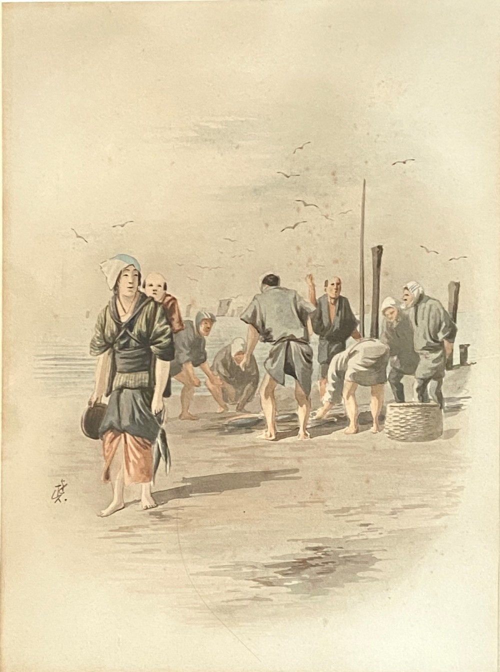 A pair of framed Japanese watercolour paintings depicting figures in traditional clothing set within dark faux-bamboo wooden frames and pale blue mounts. View X