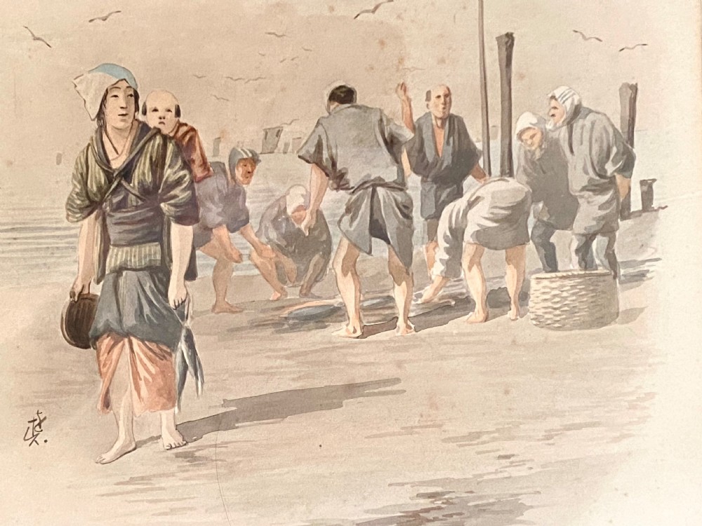 A pair of framed Japanese watercolour paintings depicting figures in traditional clothing set within dark faux-bamboo wooden frames and pale blue mounts. View XI