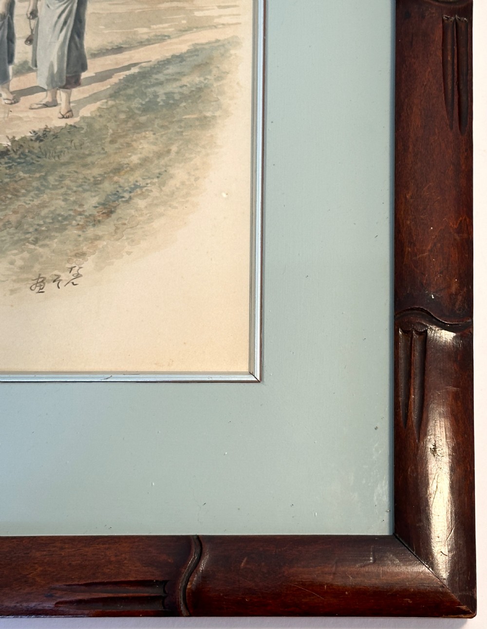 A pair of framed Japanese watercolour paintings depicting figures in traditional clothing set within dark faux-bamboo wooden frames and pale blue mounts. View XVI