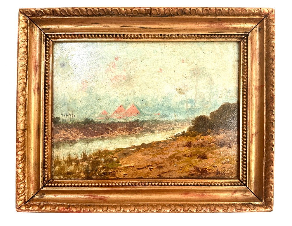 Grand Tour Oil on panel depicting The Nile with the Pyramids 