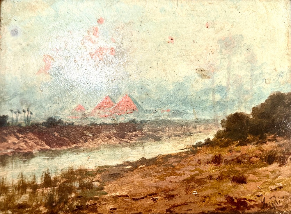Grand Tour Oil on panel depicting The Nile with the Pyramids  View V