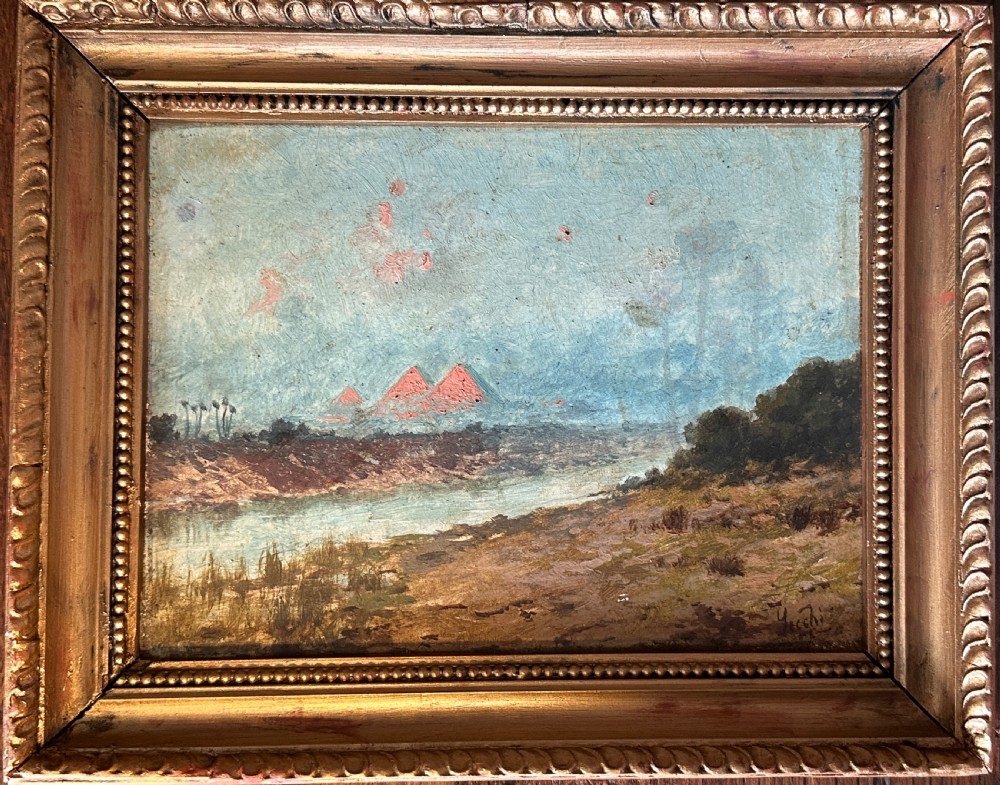 Grand Tour Oil on panel depicting The Nile with the Pyramids  View VI