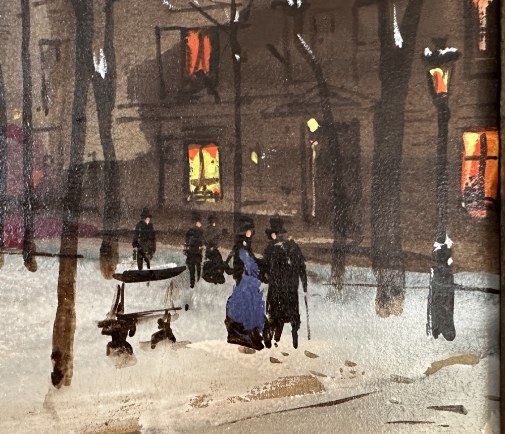 An oil painting on board depicting a snowy winter evening in Place du Tertre, Montmartre, mounted in a carved gilt frame with a blue inner slip. View II