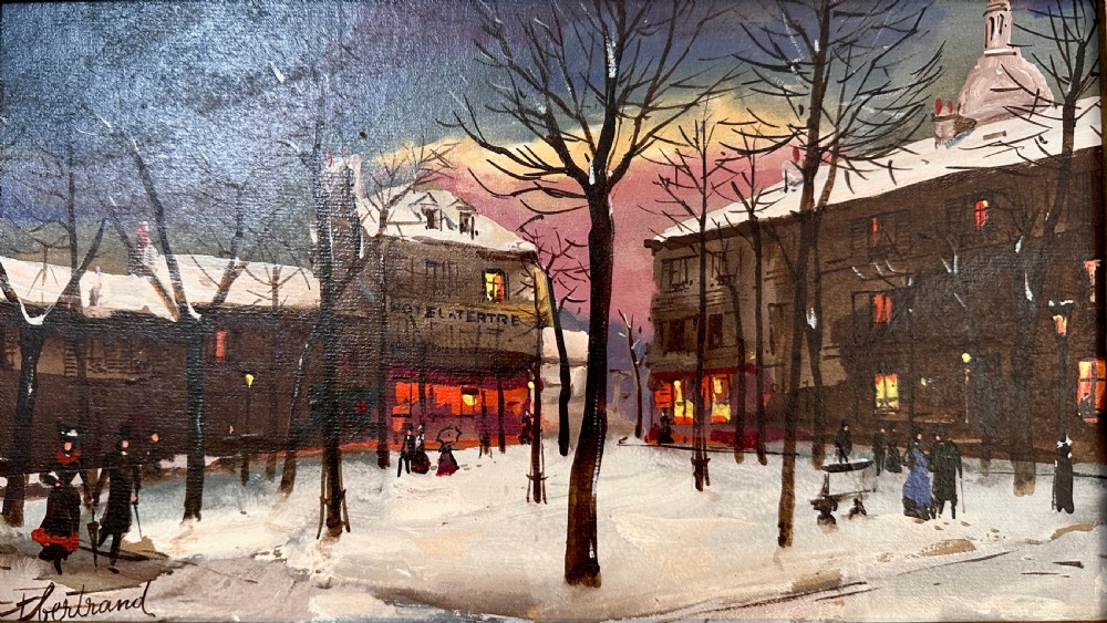 An oil painting on board depicting a snowy winter evening in Place du Tertre, Montmartre, mounted in a carved gilt frame with a blue inner slip. View III