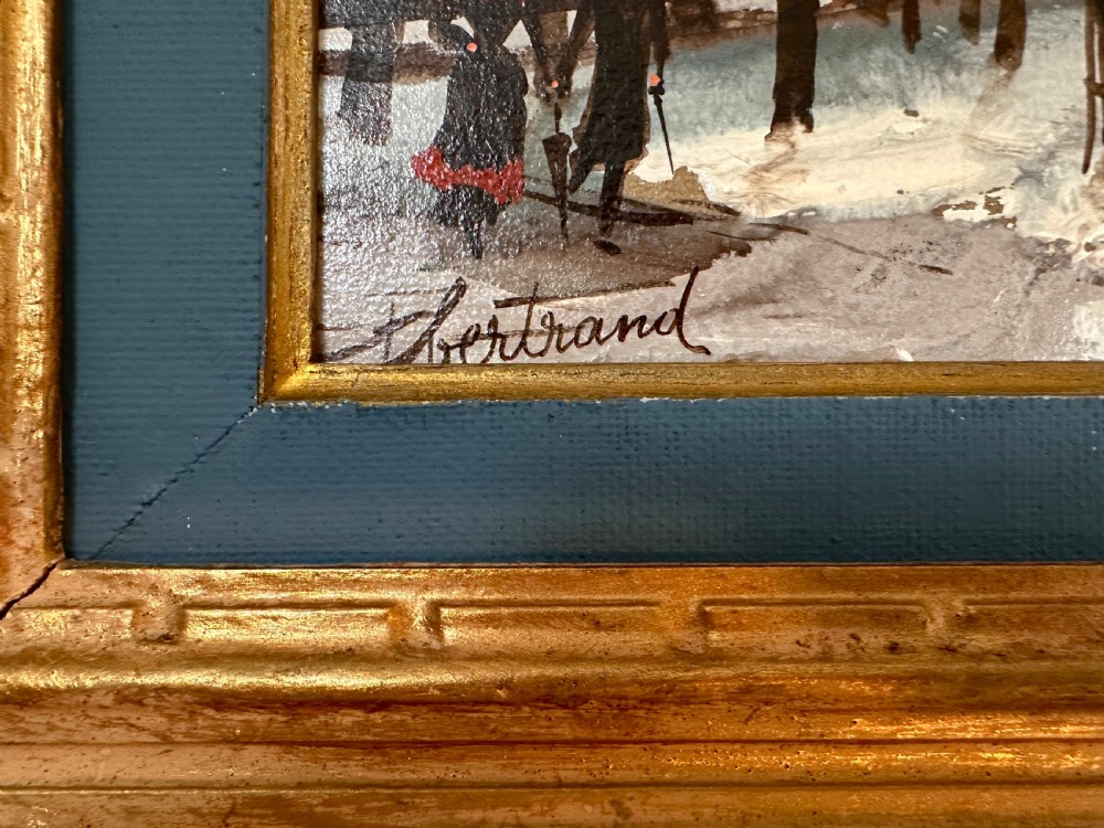 An oil painting on board depicting a snowy winter evening in Place du Tertre, Montmartre, mounted in a carved gilt frame with a blue inner slip. View IV