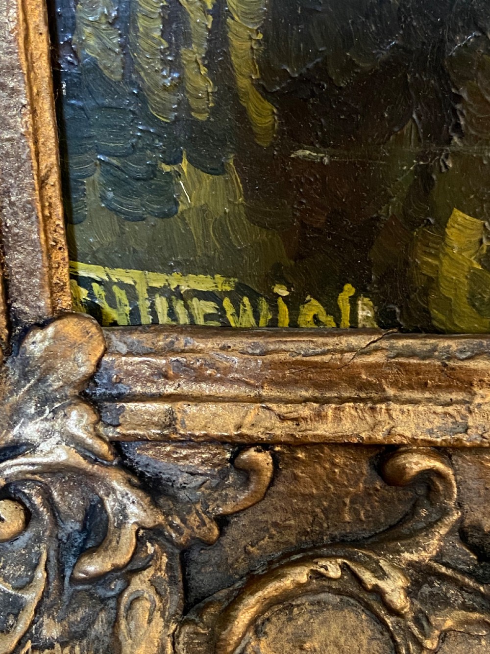 A Dutch Impressionist oil painting on canvas depicting a village alongside a reflective river, presented within an ornate gilt frame. View V