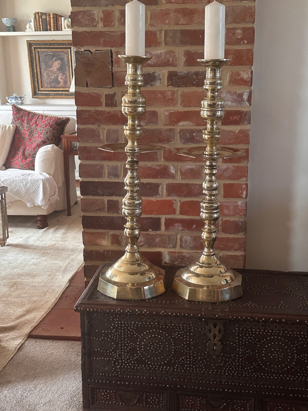 Dutch Pair of Brass Church Candlesticks of Large  Proportion View XI