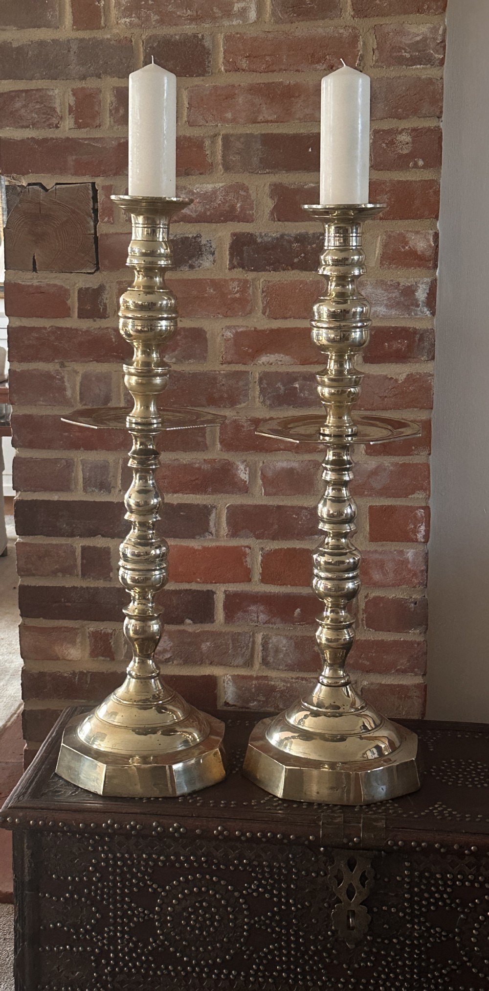 Dutch Pair of Brass Church Candlesticks of Large  Proportion