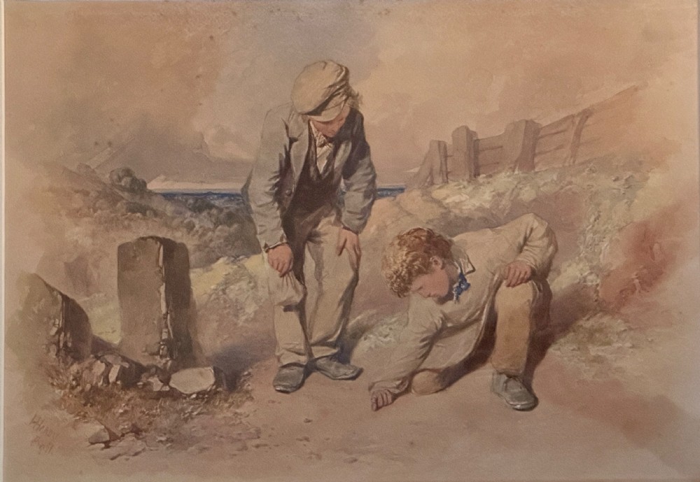 A 19th-century framed watercolour painting depicting two boys on a dirt path, presented in a cream window mount with a gilded wooden frame. View II