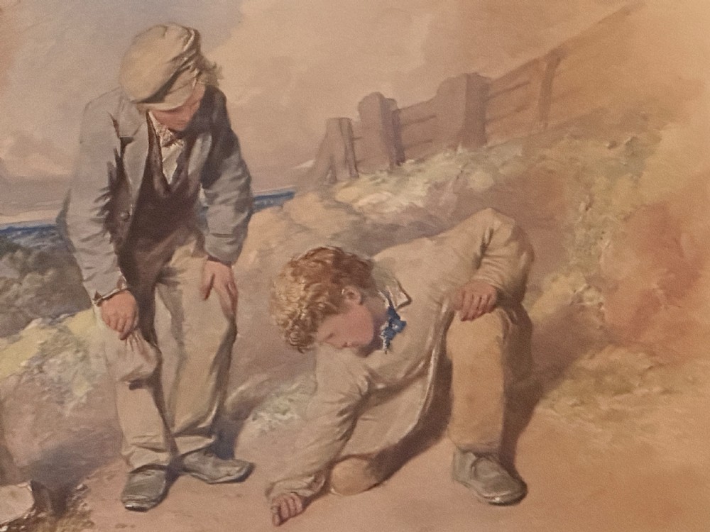 A 19th-century framed watercolour painting depicting two boys on a dirt path, presented in a cream window mount with a gilded wooden frame. View III