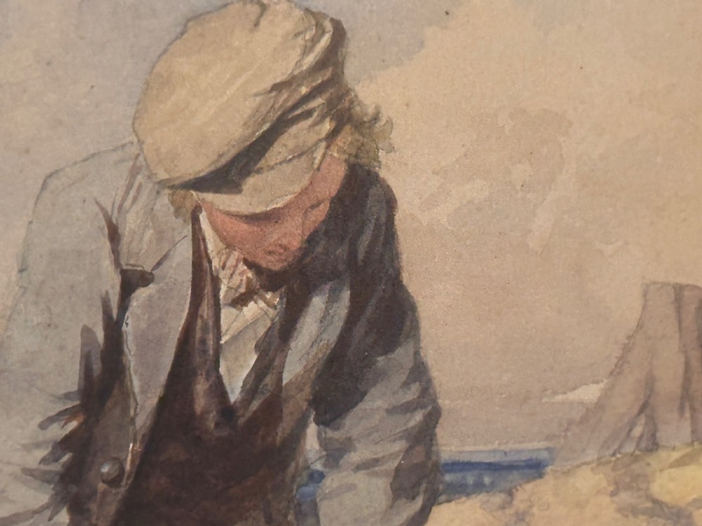 A 19th-century framed watercolour painting depicting two boys on a dirt path, presented in a cream window mount with a gilded wooden frame. View IV