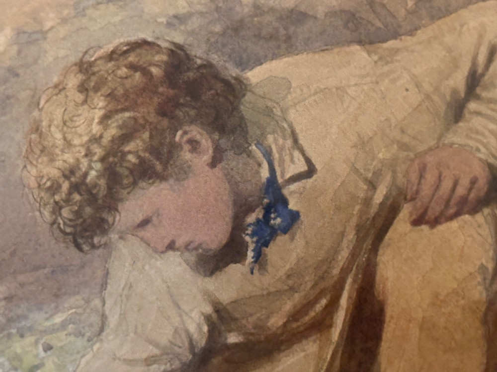 A 19th-century framed watercolour painting depicting two boys on a dirt path, presented in a cream window mount with a gilded wooden frame. View V