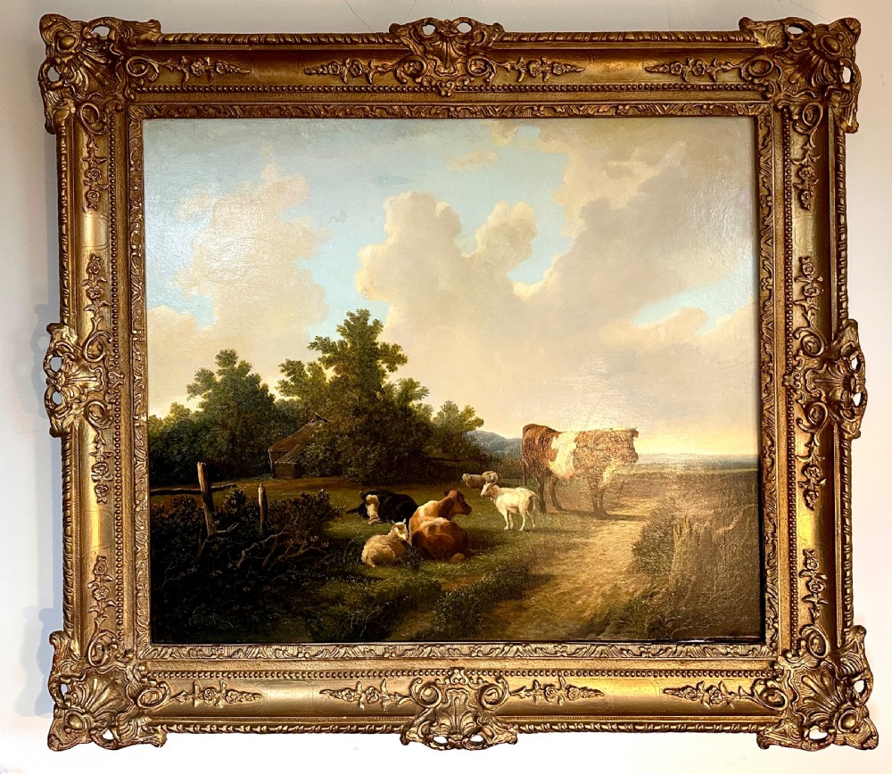 An oil painting on canvas depicting livestock resting in a pastoral field, housed within an ornate gold gilt frame. View VIII
