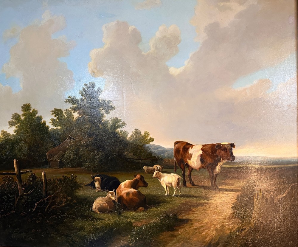 An oil painting on canvas depicting livestock resting in a pastoral field, housed within an ornate gold gilt frame. View II