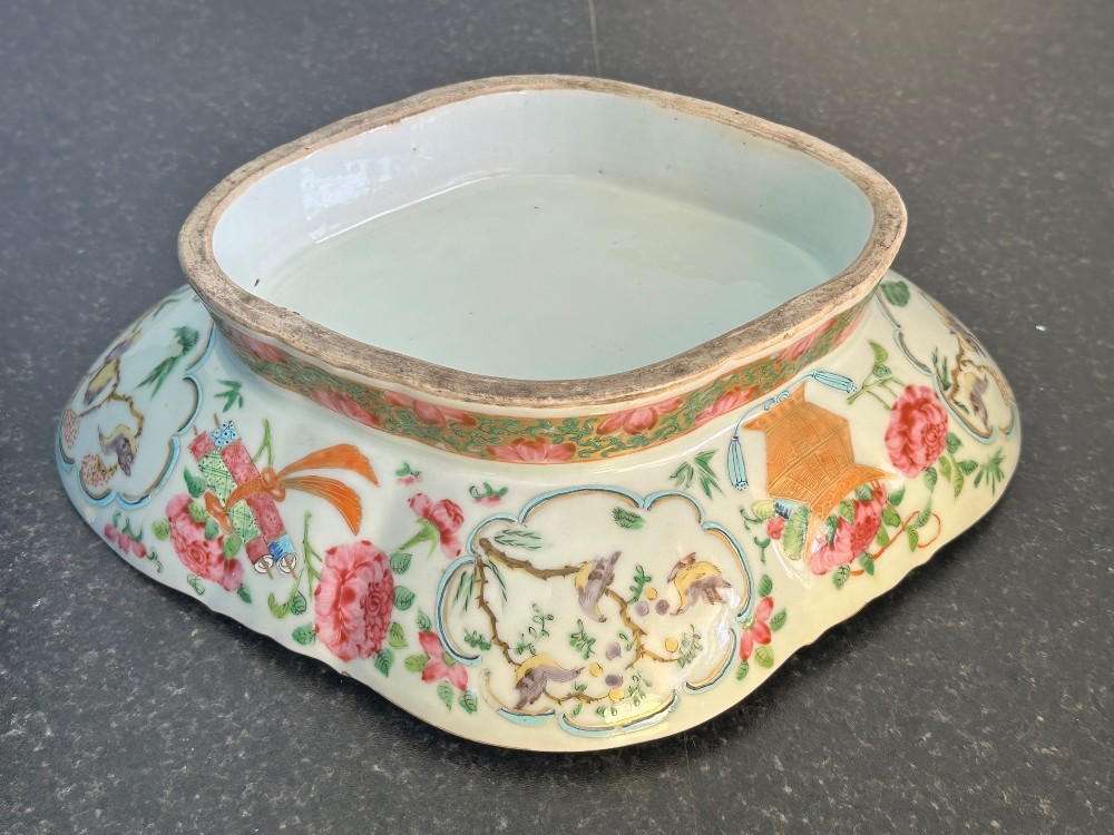 A 19th-century Chinese Canton export porcelain pedestal dish featuring hand-painted famille rose enamels with central figure scenes and floral motifs. View VII