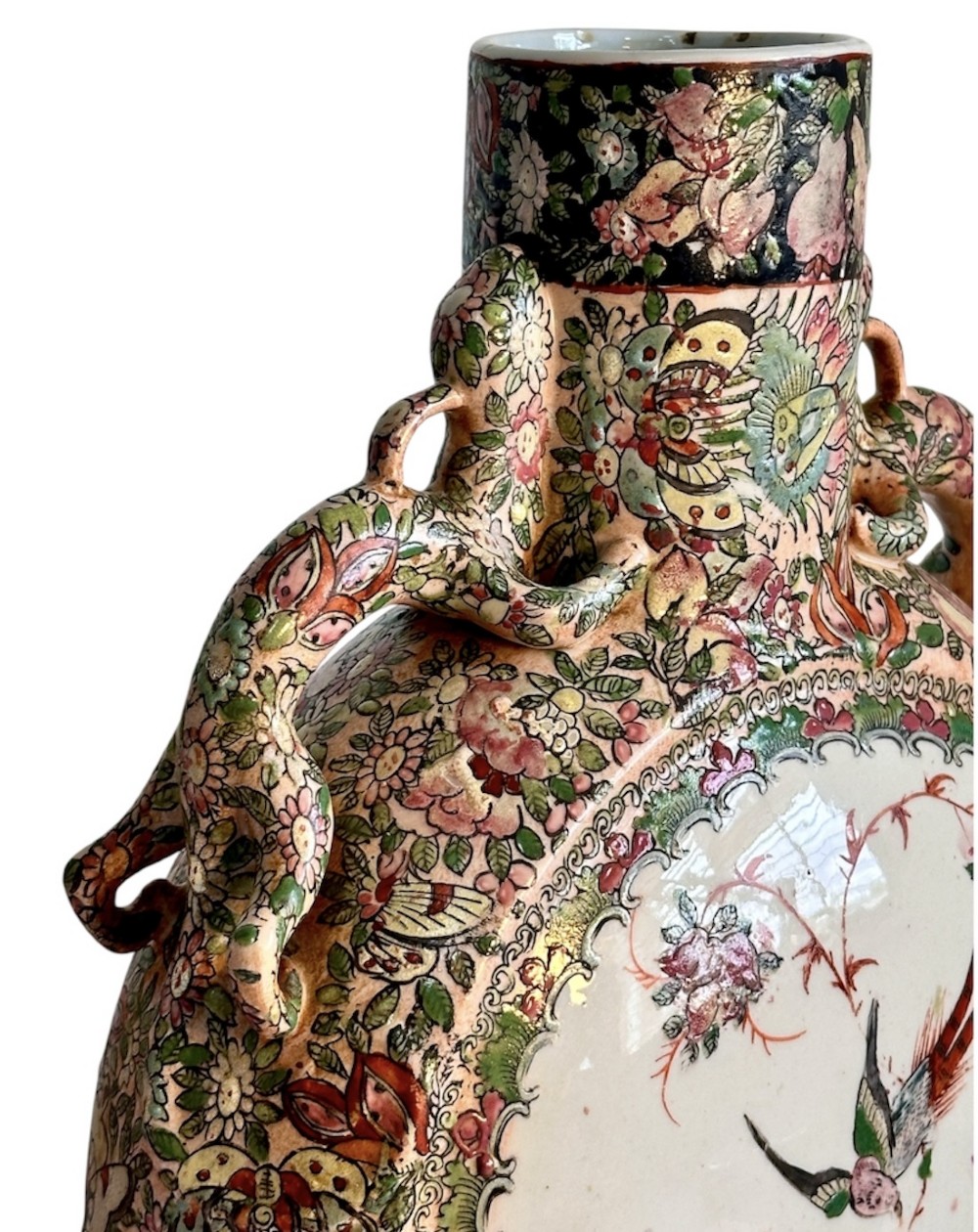 A pair of Chinese Famille Rose porcelain moon flasks featuring circular reserves with painted bird, floral, and figure scenes surrounded by dense enamel borders and dragons. View IV