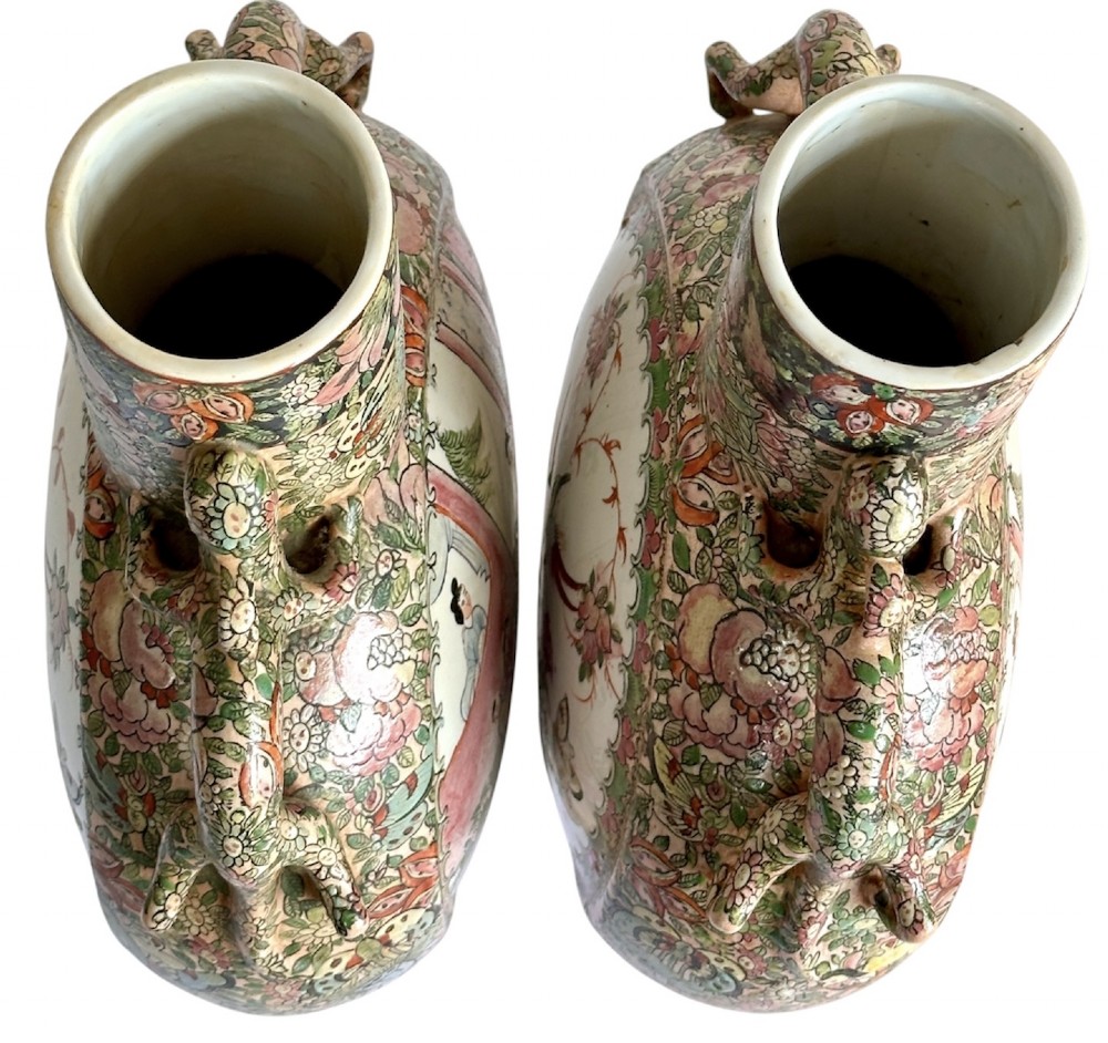 A pair of Chinese Famille Rose porcelain moon flasks featuring circular reserves with painted bird, floral, and figure scenes surrounded by dense enamel borders and dragons. View VII
