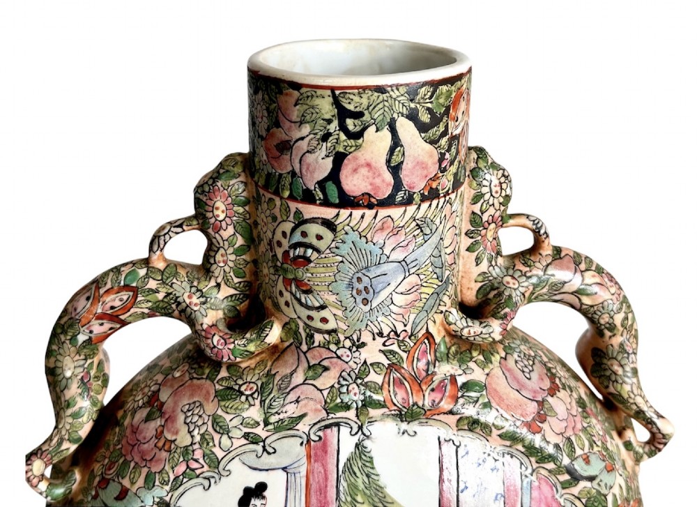 A pair of Chinese Famille Rose porcelain moon flasks featuring circular reserves with painted bird, floral, and figure scenes surrounded by dense enamel borders and dragons. View VIII