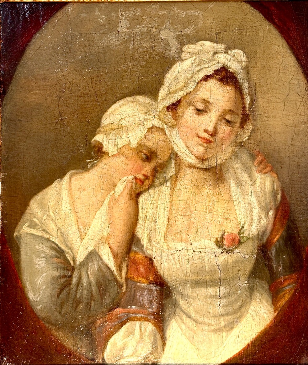 An 18th-century oil painting on canvas depicting two women in period costume within an oval painted border, housed in a carved gilded frame. View III