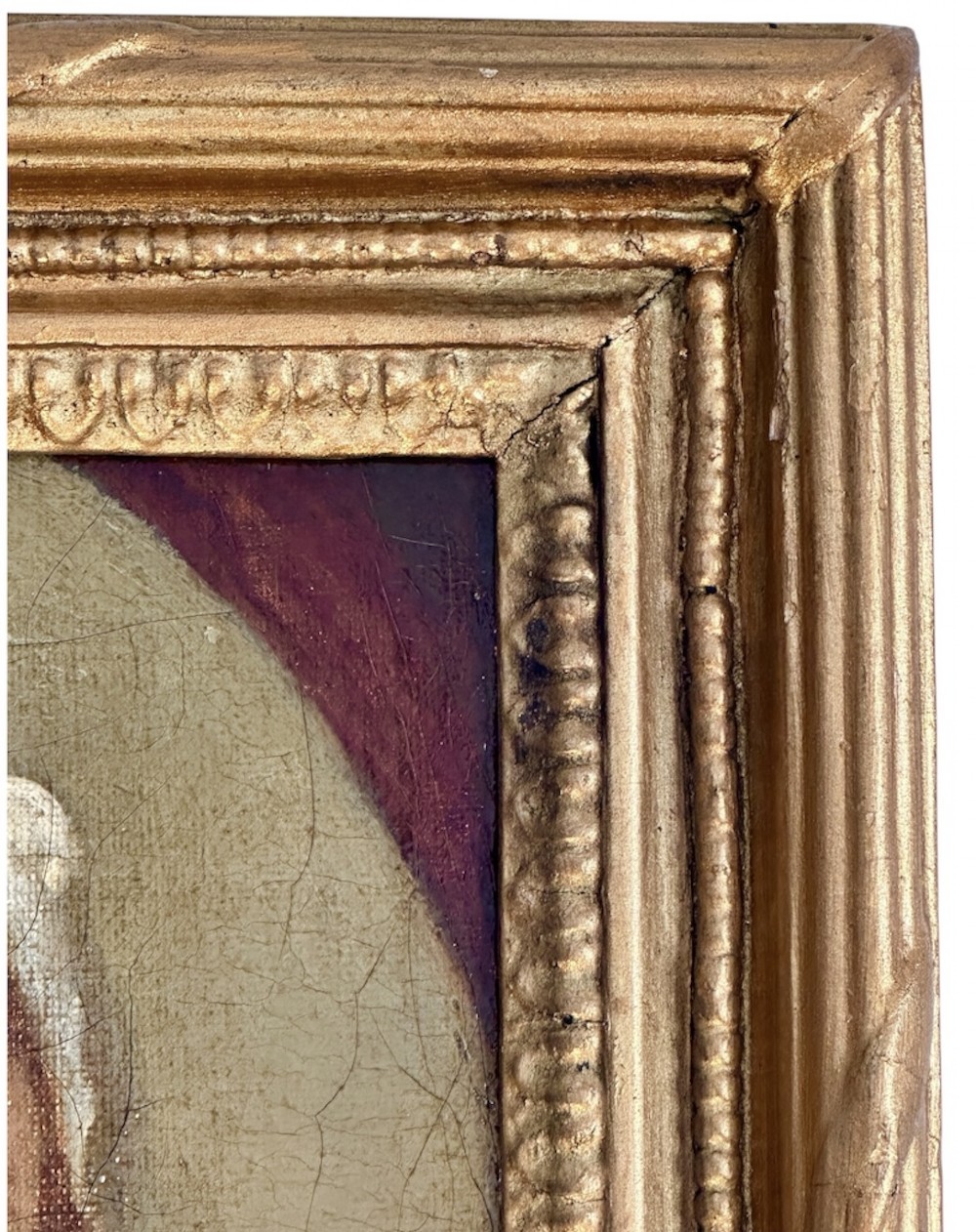 An 18th-century oil painting on canvas depicting two women in period costume within an oval painted border, housed in a carved gilded frame. View VI