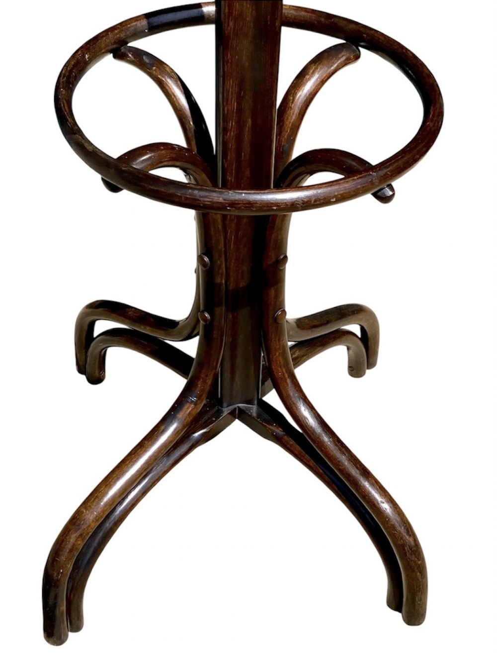 A tall dark brown bentwood coat and hat stand featuring double curved hooks, a central turned column, an umbrella drip ring, and splayed legs. View III