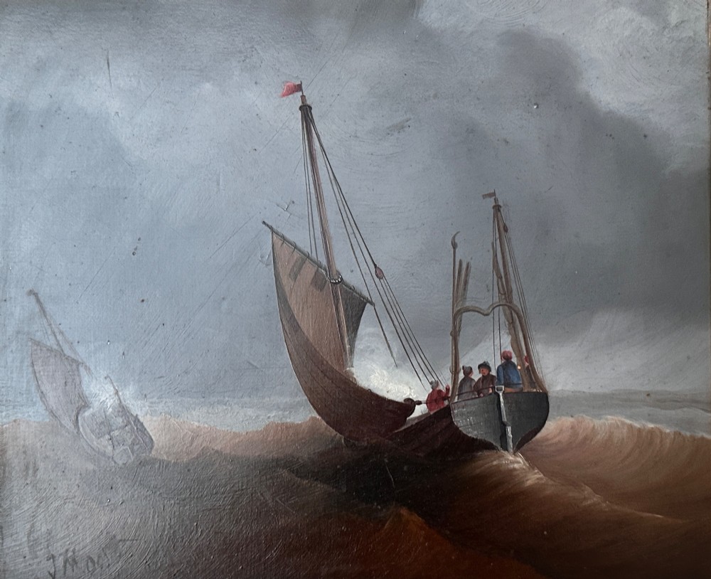 A pair of Victorian marine oil paintings depicting sailing boats navigating choppy seas, encased in wide burr wood frames with gilded slips. View III