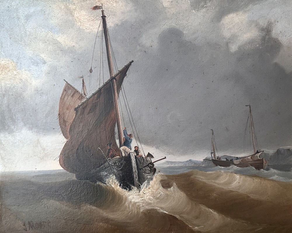 A pair of Victorian marine oil paintings depicting sailing boats navigating choppy seas, encased in wide burr wood frames with gilded slips. View IV