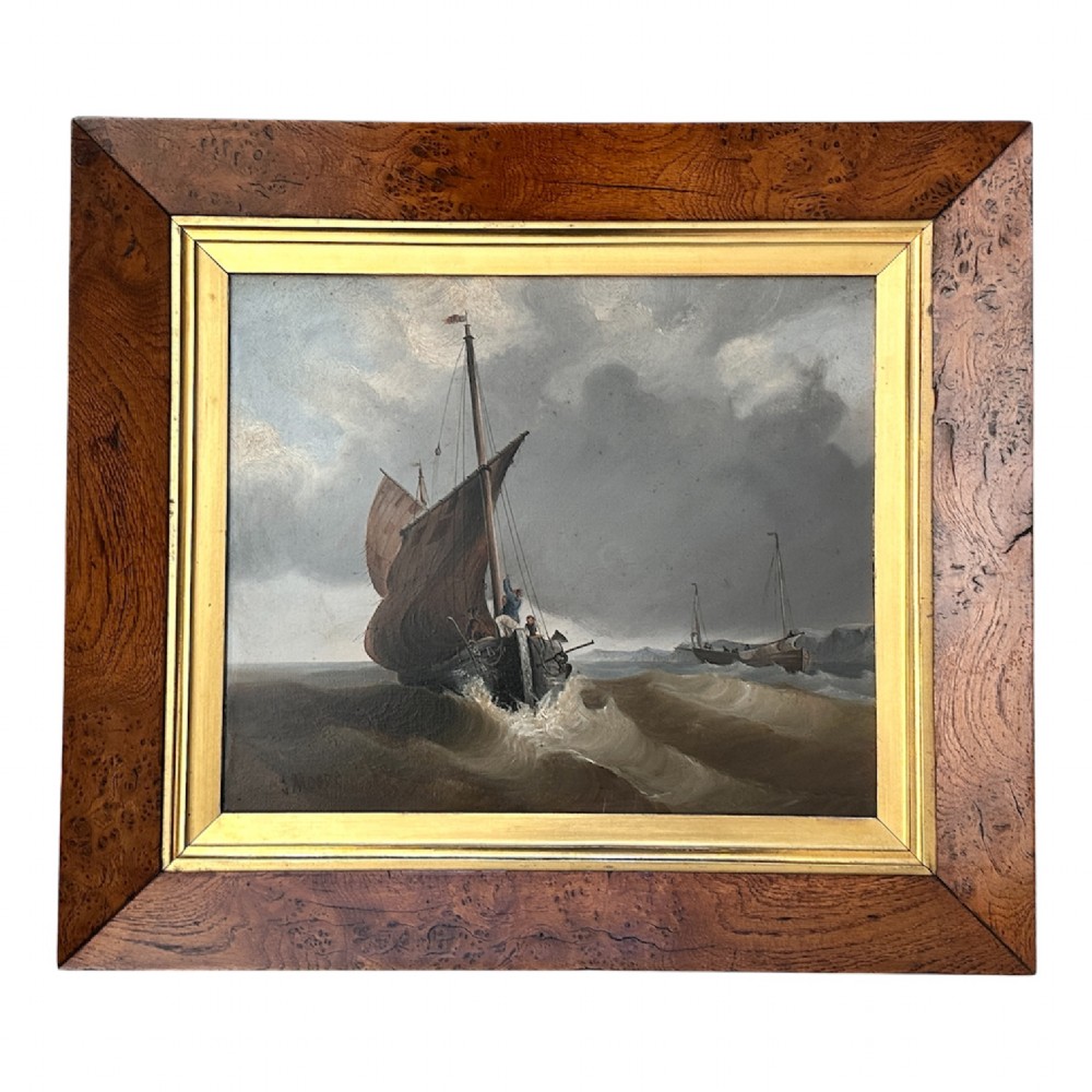 A pair of Victorian marine oil paintings depicting sailing boats navigating choppy seas, encased in wide burr wood frames with gilded slips. View VIII